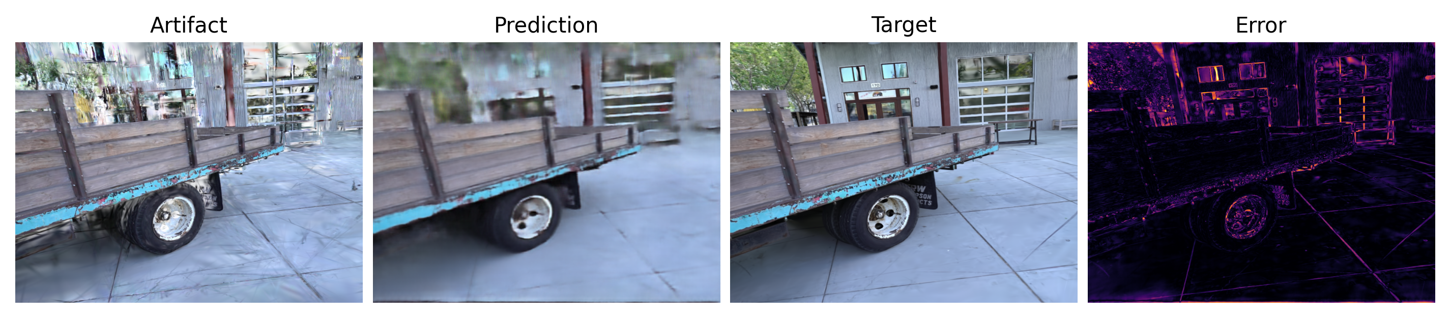 NAFNet: geometry-respecting cleanup and tight error residuals concentrated on thin outlines.